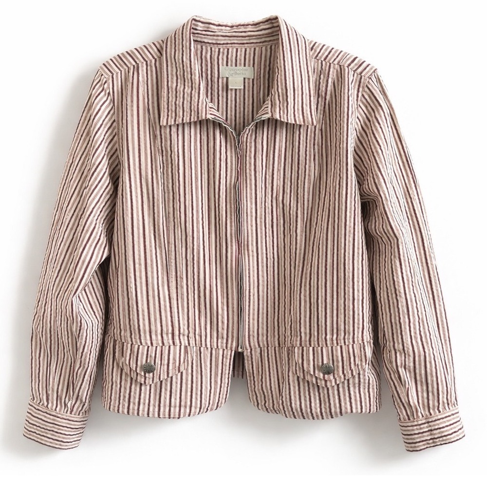 Christopher & Banks Red Vertical Stripe Seersucker Zip Front Jacket Womens Lg